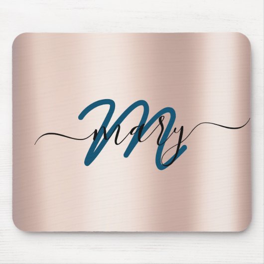 Dunkeltürkis. Blue Rose Minimal Name Monogram. Lux Mousepad (Vorne)