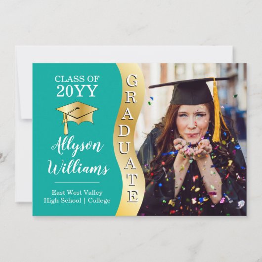 Dunkeltürkis | Gold Graduate Wave Grad Cap Foto Ankündigung (Vorderseite)