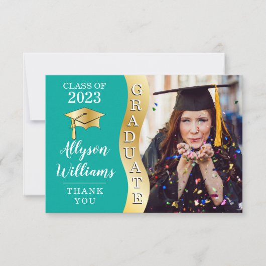 Dunkeltürkis | Gold Graduate Wave Grad Cap Foto Dankeskarte (Vorderseite)
