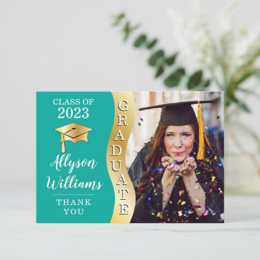 Dunkeltürkis | Gold Graduate Wave Grad Cap Foto Dankeskarte (Stehend Vorderseite)