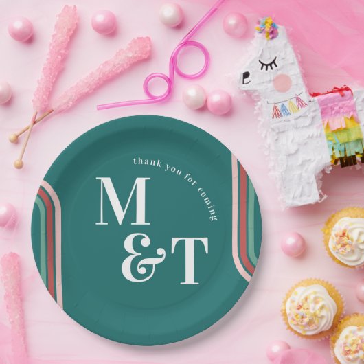 Dunkeltürkis | Retro 70 Streifen | Hochzeitsmonogr Pappteller (Party)