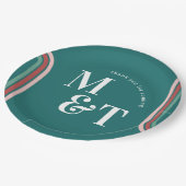 Dunkeltürkis | Retro 70 Streifen | Hochzeitsmonogr Pappteller (Schrägansicht)