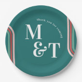 Dunkeltürkis | Retro 70 Streifen | Hochzeitsmonogr Pappteller (Vorderseite)