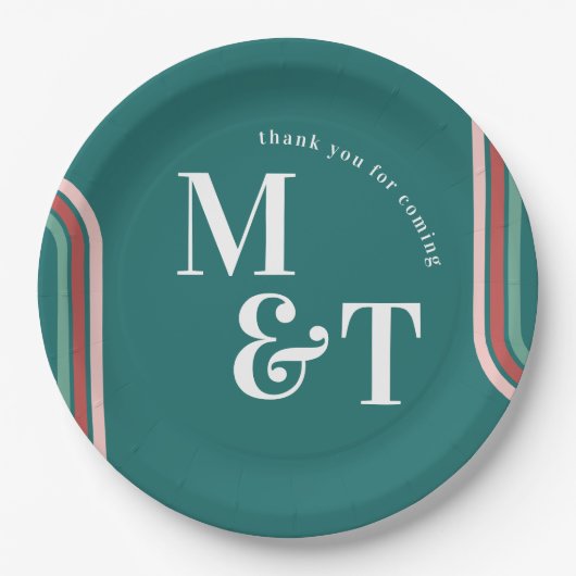 Dunkeltürkis | Retro 70 Streifen | Hochzeitsmonogr Pappteller (Vorderseite)
