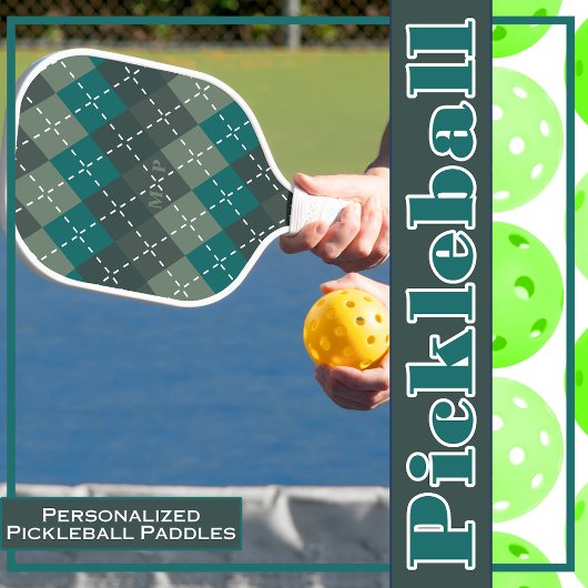 Dunkeltürkis und graue Raute mit weißem Stitchin Pickleball Schläger