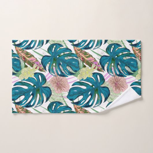 Dunkeltürkisfarbene Monstera, zarter Pfirsich und Badhandtuch Set (Handtuch)