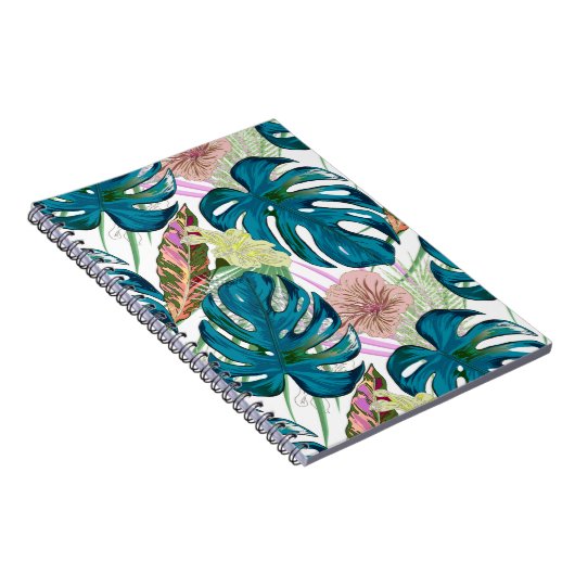 Dunkeltürkisfarbene Monstera, zarter Pfirsich und Notizblock (Rechte Seite)