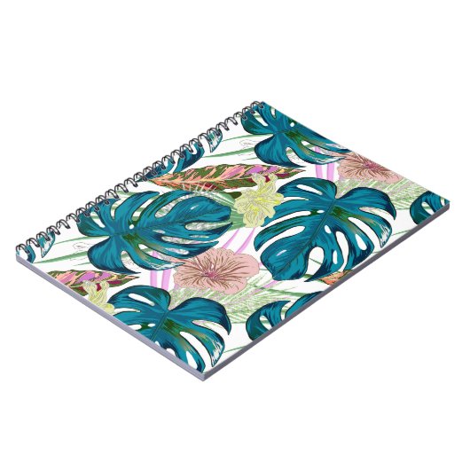 Dunkeltürkisfarbene Monstera, zarter Pfirsich und  Notizblock (Linke Seite)