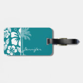 Dunkeltürkisfarbener tropischer Hibiskus; Palme Gepäckanhänger (Rückseite horizontal)