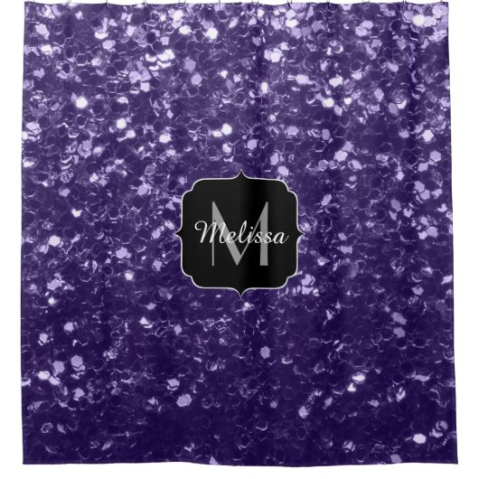 Dunkelviolett, lila Glitzer Glitzern Monogram Duschvorhang (Vorderseite)