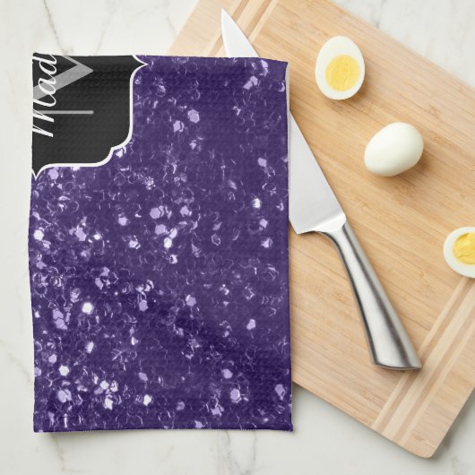 Dunkelviolett, lila Glitzer Glitzern Monogram Geschirrtuch (Viertel Falte)