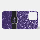 Dunkelviolett, lila Glitzer Glitzern Monogram iPhone Hülle (Rückseite (Horizontal))