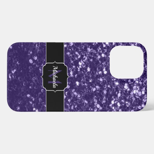 Dunkelviolett, lila Glitzer Glitzern Monogram iPhone Hülle (Rückseite (Horizontal))