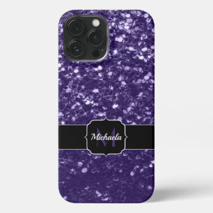 Dunkelviolett, lila Glitzer Glitzern Monogram iPhone 13 Pro Max Hülle