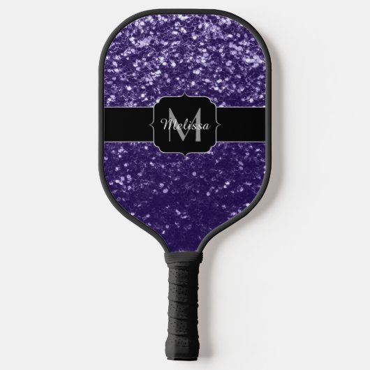 Dunkelviolett, lila Glitzer Glitzern Monogram Pickleball Schläger (Rückseite)