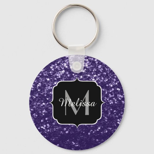 Dunkelviolett, lila Glitzer Glitzern Monogram Schlüsselanhänger (Vorderseite)