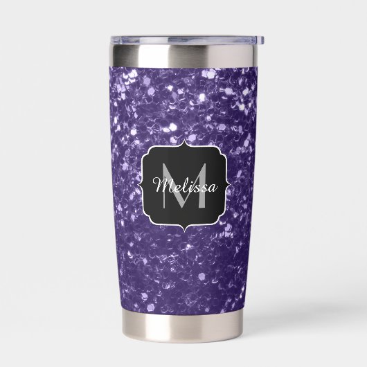 Dunkelviolett, lila Glitzer Glitzern Monogram Thermobecher (Links)