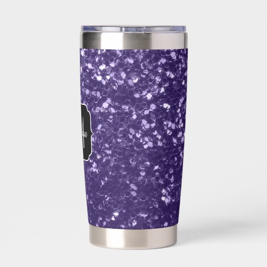 Dunkelviolett, lila Glitzer Glitzern Monogram Thermobecher (Rückseite)