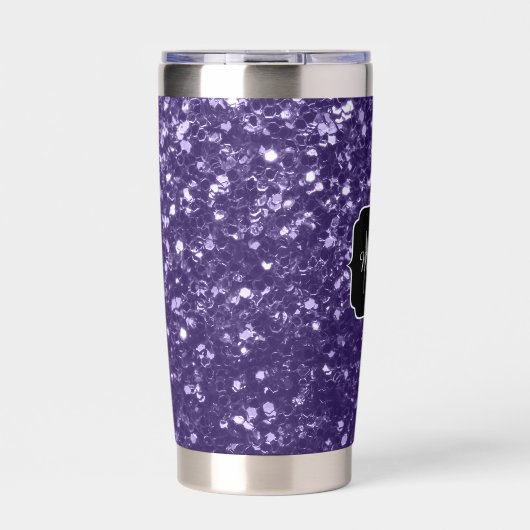 Dunkelviolett, lila Glitzer Glitzern Monogram Thermobecher (Vorderseite)