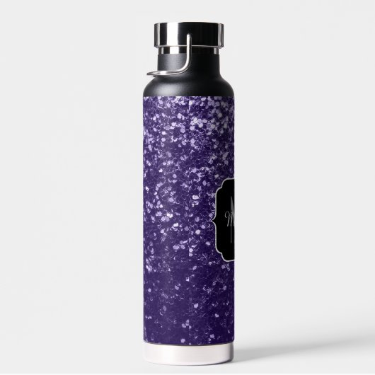 Dunkelviolett, lila Glitzer Glitzern Monogram Trinkflasche (Rechts)