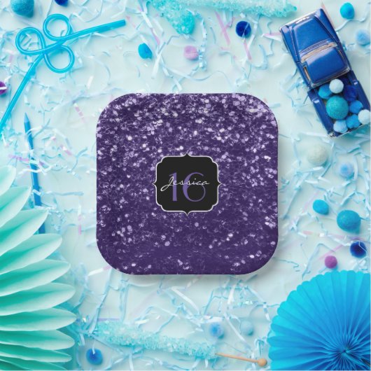 Dunkelviolett lila Glitzer Glitzern Sweet 16 Pappteller (Party)