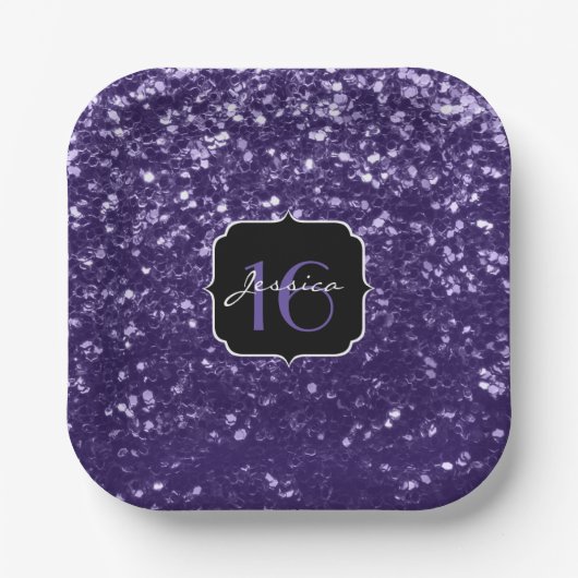 Dunkelviolett lila Glitzer Glitzern Sweet 16 Pappteller (Vorderseite)