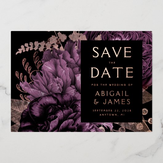 Dunkelviolett-RosengoldWedding rettet das Datum Folieneinladung (Vorderseite)