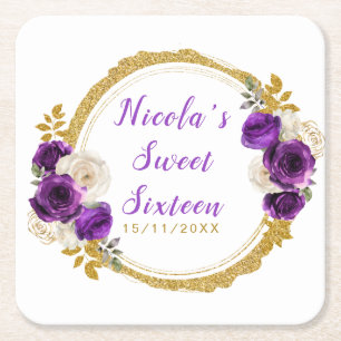 Dunkelviolett und Gold Elegante Blumen Sweet Sixte Rechteckiger Pappuntersetzer