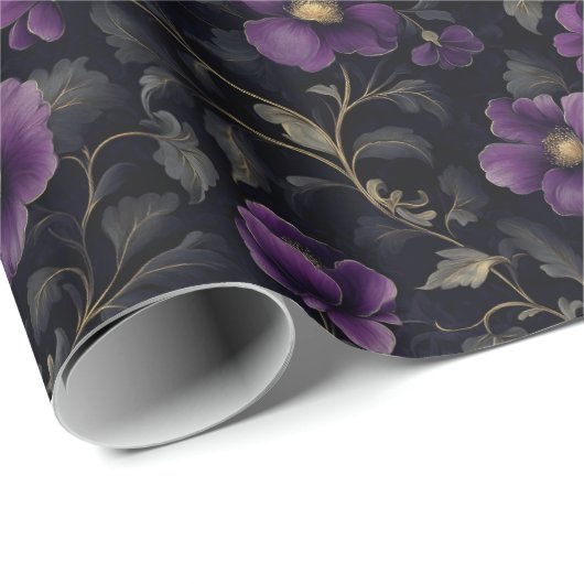 Dunkelviolette Blumen auf schwarz Geschenkpapier (Rolleneckpunkt)