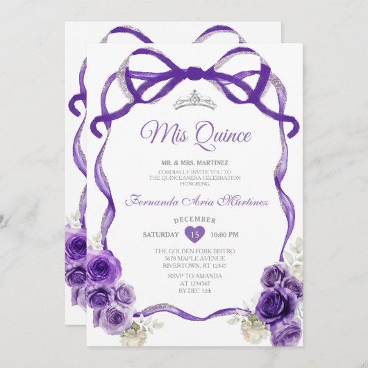 Dunkelviolette Blumen Bow Ribbon Silver Mis Quince Einladung (Vorne/Hinten)