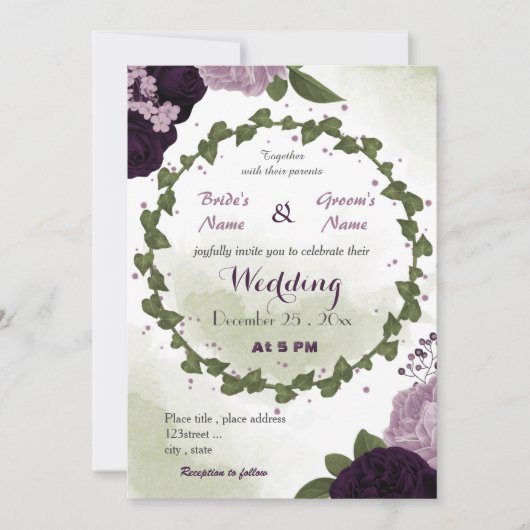 dunkelviolette Blumen Grüne Hochzeit Einladung (Vorderseite)