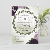 dunkelviolette Blumen Grüne Hochzeit Einladung (Stehend Vorderseite)