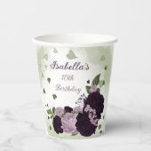 dunkelviolette Blumen, grüne Papiertüten Pappbecher (Vorderseite)