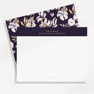 Dunkelviolette floral goldmonogramm-Notizkarte Dankeskarte