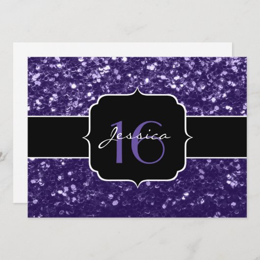 Dunkelviolette Glitzer Glitzern Sweet 16 laden ein Einladung (Vorne/Hinten)
