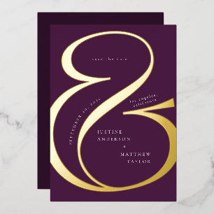 Dunkelviolette Gold-Ampersand-Typografie Save-the- Folieneinladung