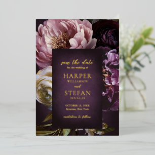 Dunkelviolette Hochzeits-Einladungskarte mit flora Folieneinladung