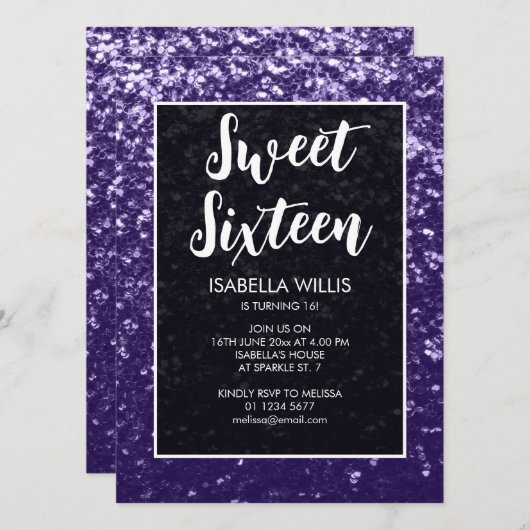 Dunkelviolette lila Funkel Sweet 16 elegante Schri Einladung (Vorne/Hinten)