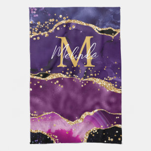 Dunkelviolette und goldene Glitterpailletten Achat Geschirrtuch