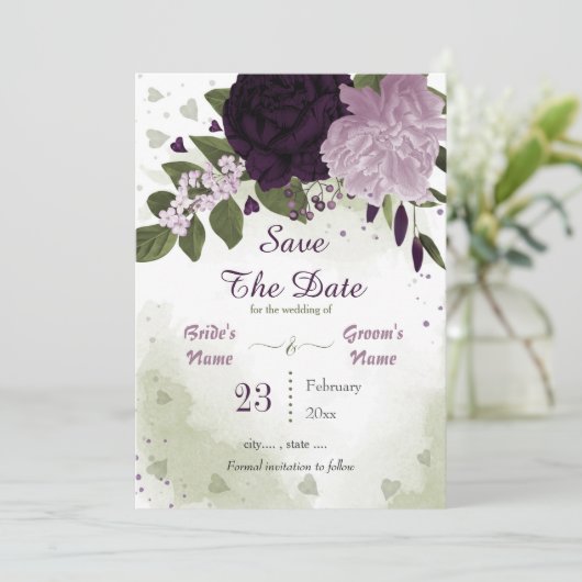 dunkelviolette und hellviolette Blätter botanisch Save The Date (Stehend Vorderseite)