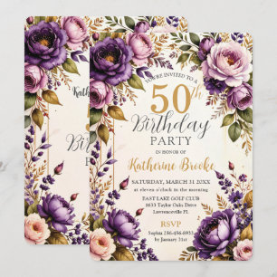 Dunkelvioletter Flieder-Rosé-Blush-Vintage-Florale Einladung