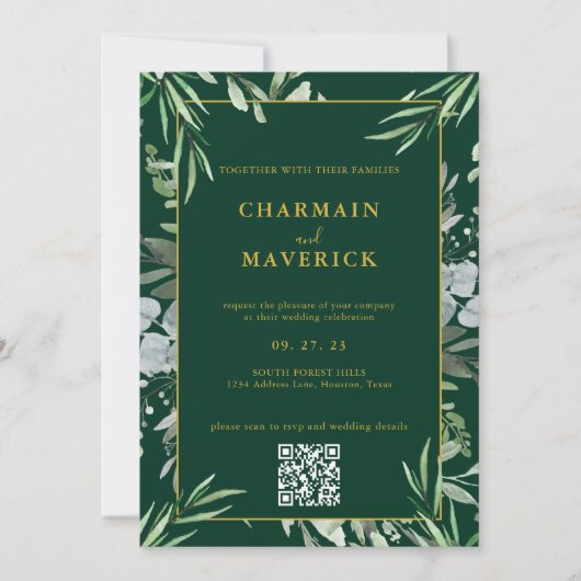 Dunkelwald Grüne Minimale Grenze Text Gold Hochzei Einladung (Vorderseite)