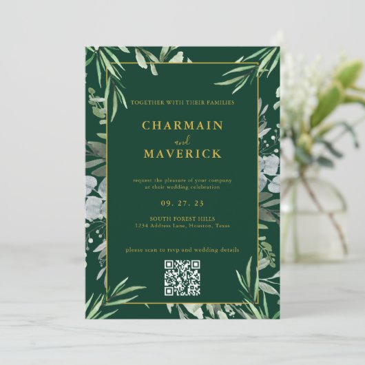 Dunkelwald Grüne Minimale Grenze Text Gold Hochzei Einladung (Stehend Vorderseite)