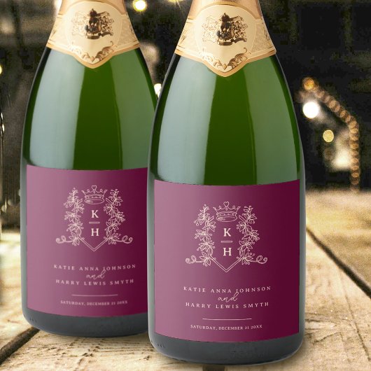 Dunkelwein-Rotwein-Foto-Krone-Monogramm-Hochzeit Schaumweinetikett