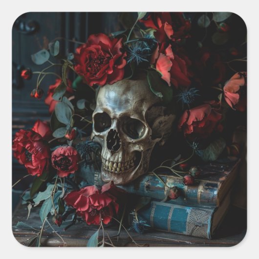 Dunkle Academia Skull-Blume Quadratischer Aufkleber (Vorderseite)