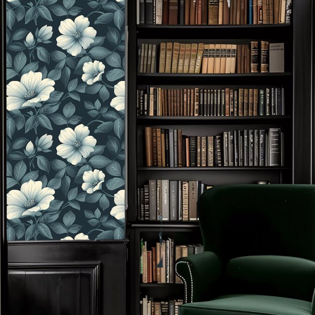 Dunkle Akademie Aquamarin monochromatisches Blumen Tapete (Dark Academia Teal Monochromatic Floral Wallpaper Wallpaper in a library.)