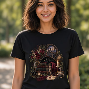Dunkle Akademie Bücherwurm Katze T-Shirt