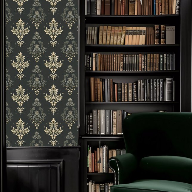 Dunkle Akademie dunkelgrün und beige dekorativ Tapete (Dark Academia Dusty Green and Beige Decorative Wallpaper in a library.)