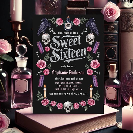Dunkle Akademie Gothic Silver Floral Sweet 16 Einladung