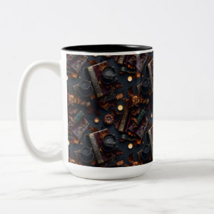 Dunkle Akademie Herbst – Lederbücher und schwarzer Zweifarbige Tasse